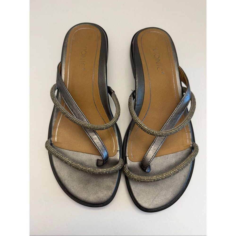 Vionic Prism Embellished Flat Sandals Gray Silver Rhinestones Size 6.5